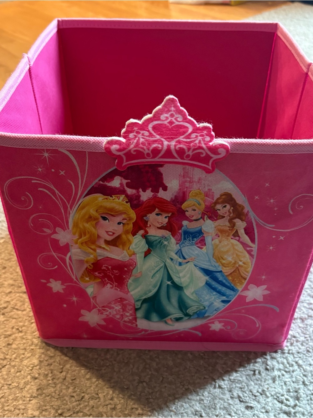 Disney Pink Princess Fabric Storage Cube with Crown Accent Cinderella Belle